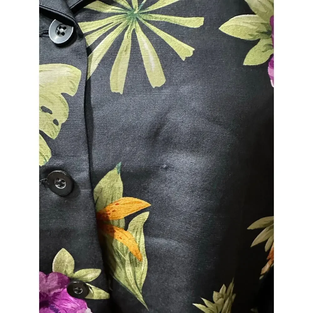 Silkland 100% Silk jacket Blazer Black Tropical Flowers 16 Resort vacation beach - Picture 5 of 13